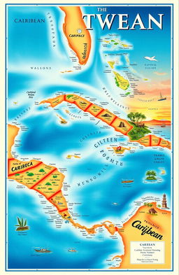 A detailed and colorful map of the Caribbean, showcasing the various islands and countries within the region