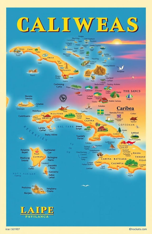 A detailed and colorful map of the Caribbean, showcasing the various islands and countries within the region