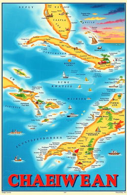 A detailed and colorful map of the Caribbean, showcasing the various islands and countries within the region