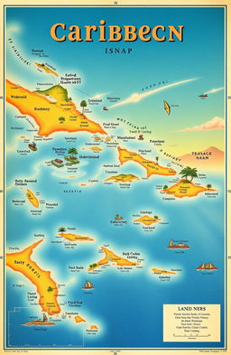 A detailed and colorful map of the Caribbean, showcasing the various islands and countries within the region