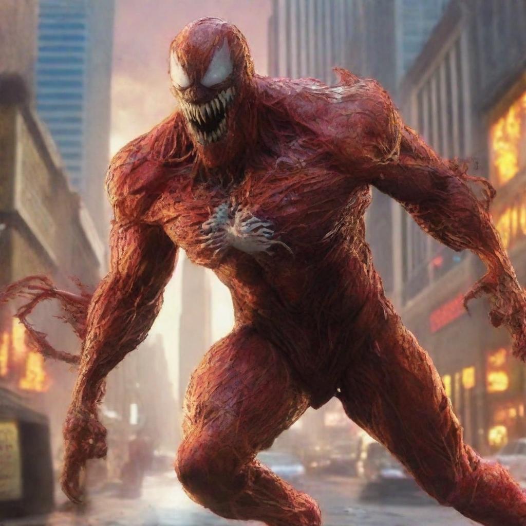 Generate an intense image of Carnage, a notorious Marvel villain, wreaking havoc in the bustling city streets under the orange glow of twilight