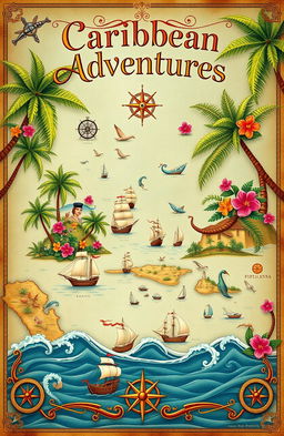 An artistic representation of a vintage-style map of the Caribbean, showcasing the various islands in the region