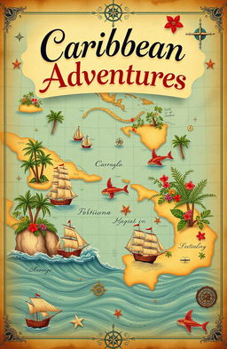 An artistic representation of a vintage-style map of the Caribbean, showcasing the various islands in the region
