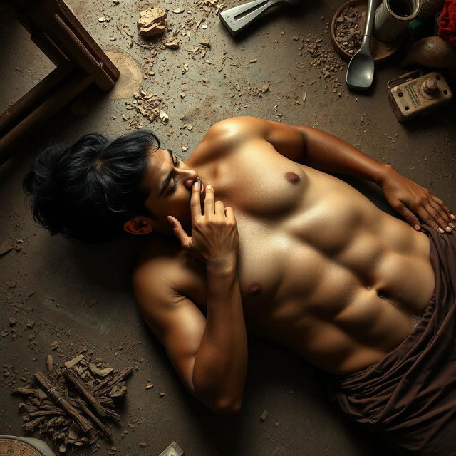 An evocative scene set in a humble slum environment featuring a cute 18-year-old Indian girl and a man, both fully nude