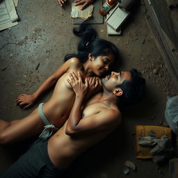 An evocative scene set in a humble slum environment featuring a cute 18-year-old Indian girl and a man, both fully nude