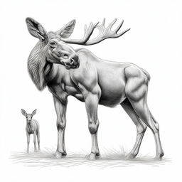 A highly detailed, realistic drawing of a full-bodied mother and baby moose, rendered only in black contours, depicted either leaping or walking, set against a clean white backdrop