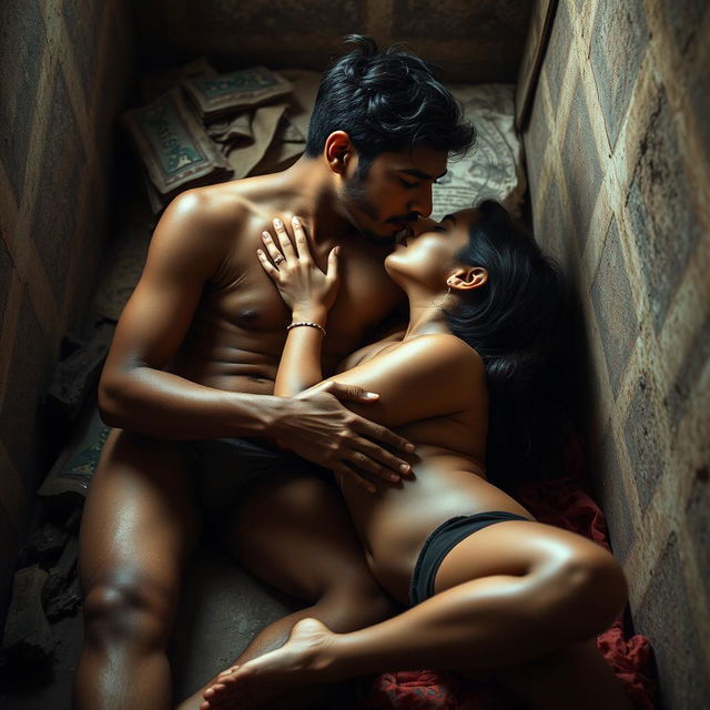 An intimate scene set in a modest slum environment featuring a cute 18-year-old Indian girl and a man, both fully nude