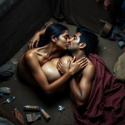 An intimate scene set in a modest slum environment featuring a cute 18-year-old Indian girl and a man, both fully nude