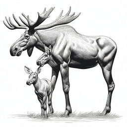 A highly detailed, realistic drawing of a full-bodied mother and baby moose, rendered only in black contours, depicted either leaping or walking, set against a clean white backdrop