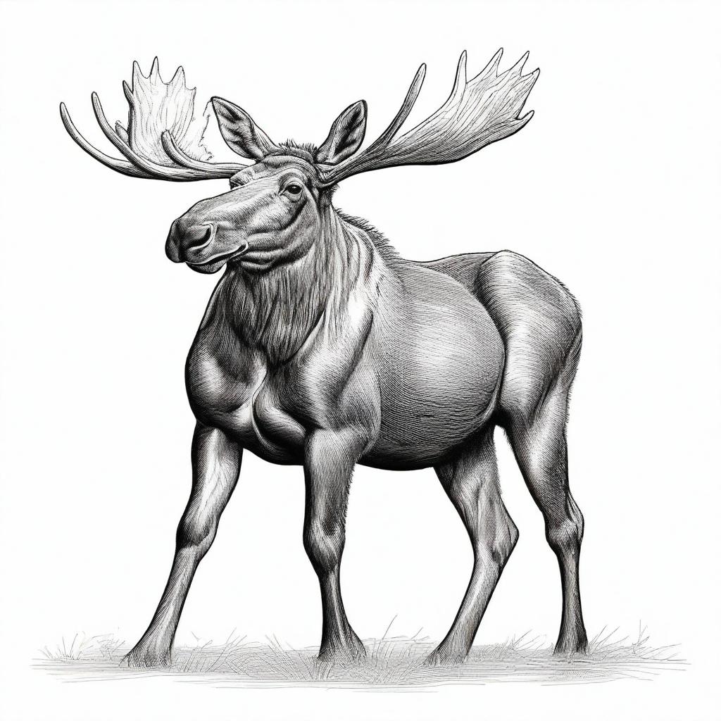 A highly detailed, realistic drawing of a full-bodied mother and baby moose, rendered only in black contours, depicted either leaping or walking, set against a clean white backdrop