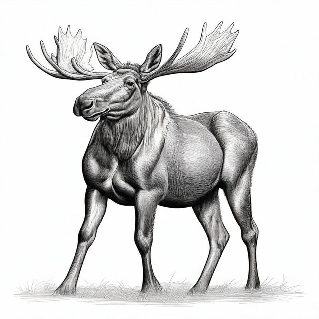 A highly detailed, realistic drawing of a full-bodied mother and baby moose, rendered only in black contours, depicted either leaping or walking, set against a clean white backdrop