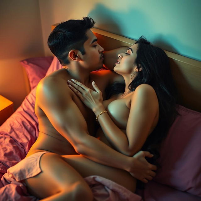 An intimate scene in a cozy hostel room featuring a cute 18-year-old Indian girl and a man, both fully nude