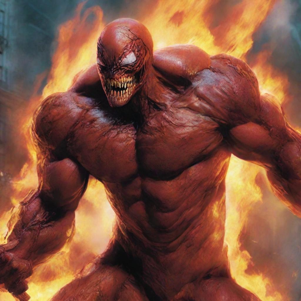 Generate an image of the Marvel villain Carnage, engulfed in intense, roaring flames, showcasing his unearthly rage and power