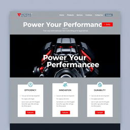 A clean and visually appealing front page of an engine-themed website, featuring a large, striking hero image of a high-performance engine prominently displayed at the center