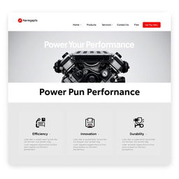 A clean and visually appealing front page of an engine-themed website, featuring a large, striking hero image of a high-performance engine prominently displayed at the center