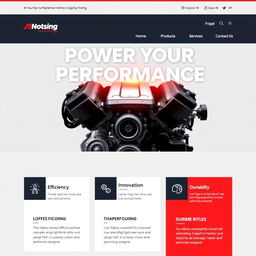 A clean and visually appealing front page of an engine-themed website, featuring a large, striking hero image of a high-performance engine prominently displayed at the center
