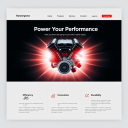 A clean and visually appealing front page of an engine-themed website, featuring a large, striking hero image of a high-performance engine prominently displayed at the center