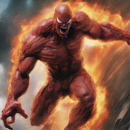 Generate an image of the Marvel villain Carnage, engulfed in intense, roaring flames, showcasing his unearthly rage and power