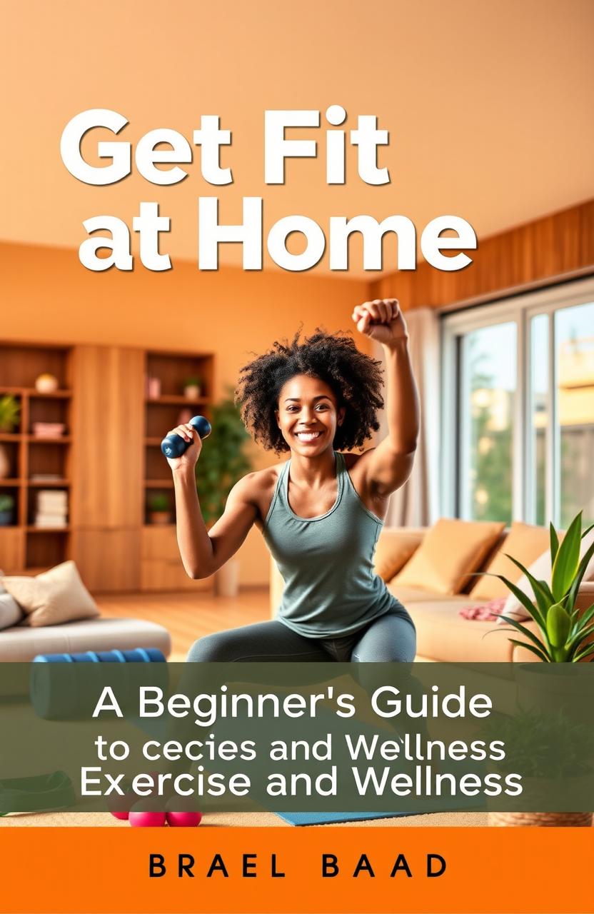 A visually striking book cover for 'Get Fit at Home: A Beginner’s Guide to Exercise and Wellness'