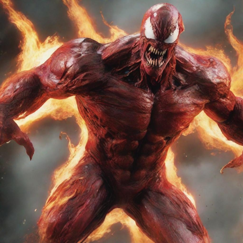 Generate an image of the Marvel villain Carnage, engulfed in intense, roaring flames, showcasing his unearthly rage and power