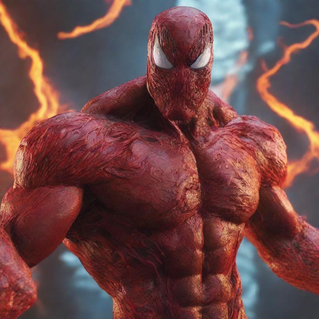 Create an image of the Marvel villain Carnage, morphing and twisting amidst a cascade of molten lava, his fiery form reflecting in the glowing rivulets