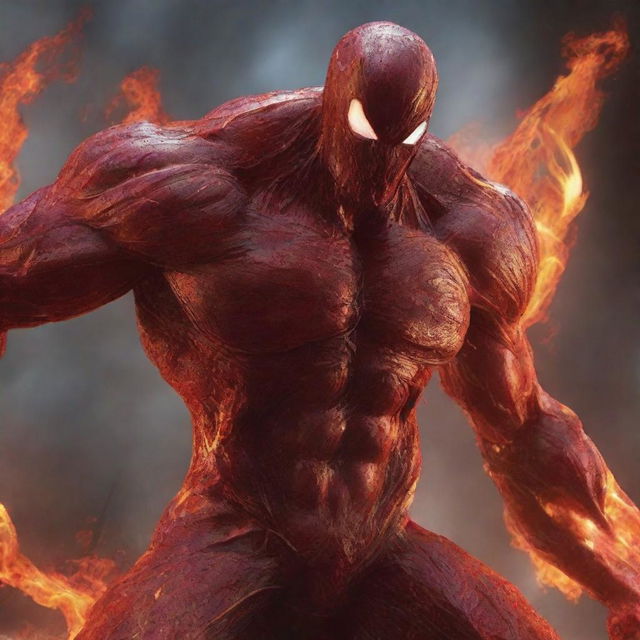 Create an image of the Marvel villain Carnage, morphing and twisting amidst a cascade of molten lava, his fiery form reflecting in the glowing rivulets