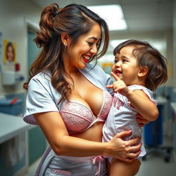 A playful and lively scene featuring a sexy nurse wearing alluring lingerie, including a stunning bra that highlights her hot big breasts