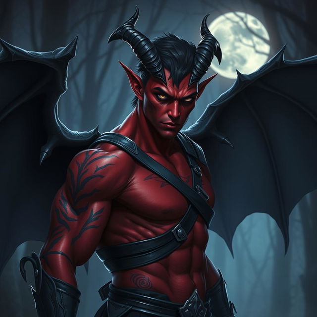 A handsome male tiefling warrior shrouded in shadows, featuring elegant bat-like wings that extend majestically from his back