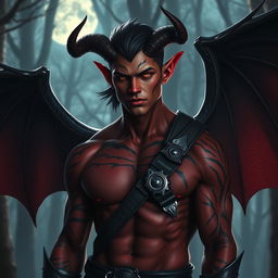 A handsome male tiefling warrior shrouded in shadows, featuring elegant bat-like wings that extend majestically from his back