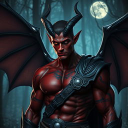 A handsome male tiefling warrior shrouded in shadows, featuring elegant bat-like wings that extend majestically from his back