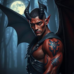 A handsome male tiefling warrior shrouded in shadows, featuring elegant bat-like wings that extend majestically from his back
