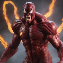 Create an image of the Marvel villain Carnage, morphing and twisting amidst a cascade of molten lava, his fiery form reflecting in the glowing rivulets