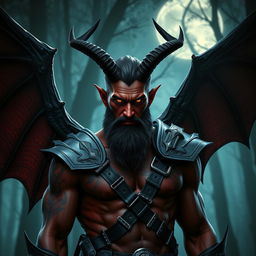 A handsome bearded male tiefling warrior shrouded in shadows, featuring elegant bat-like wings that extend majestically from his back