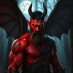 A handsome bearded male tiefling warrior shrouded in shadows, featuring elegant bat-like wings that extend majestically from his back