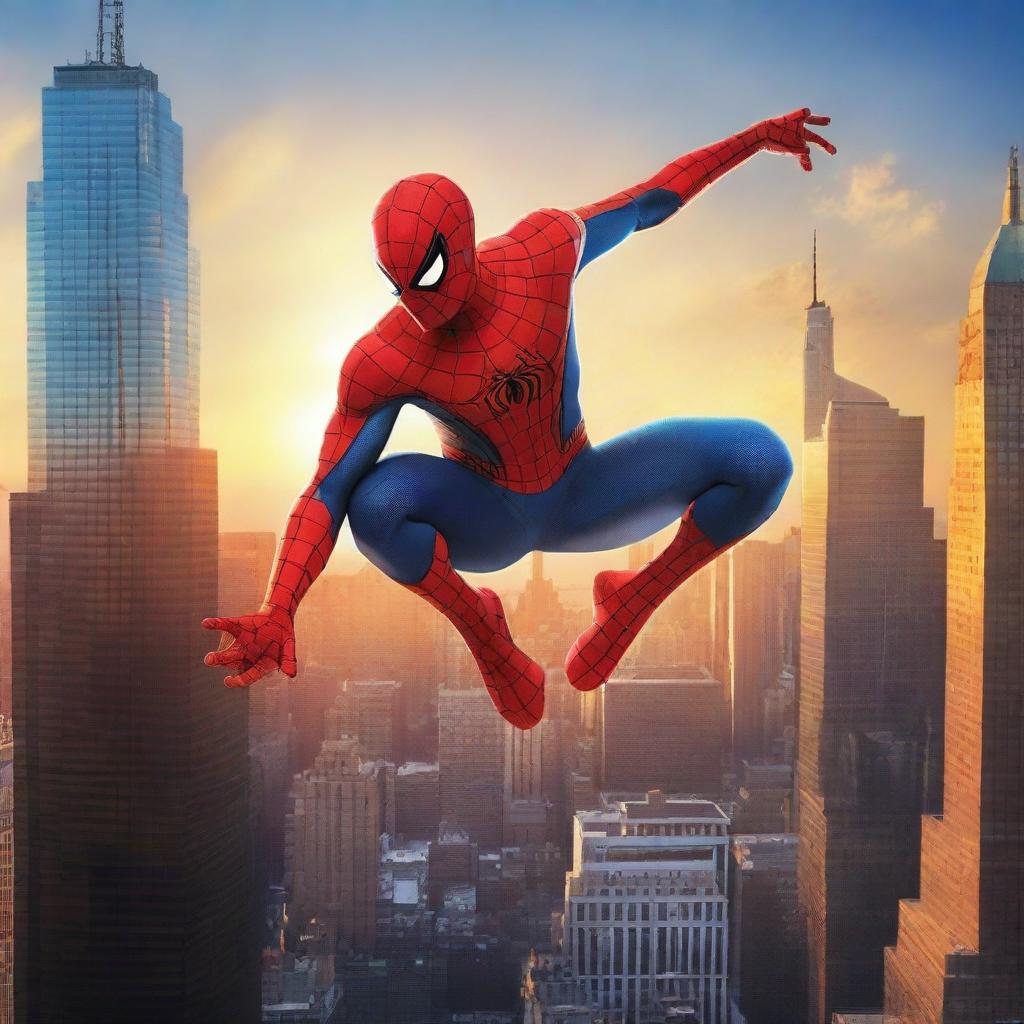 Generate a dynamic image of Spiderman, the iconic Marvel superhero, swinging daringly among the skyscrapers of New York City against a sunset backdrop