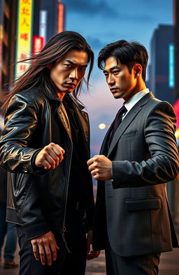 A dramatic and intense scene featuring two charismatic Chinese actors, Wang Yibo and Xiao Zhan, portrayed as rivals