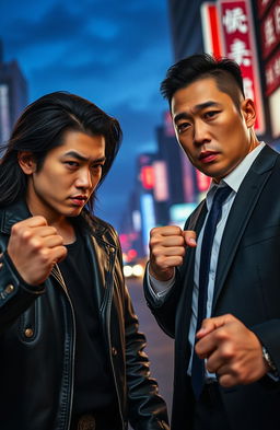 A dramatic and intense scene featuring two charismatic Chinese actors, Wang Yibo and Xiao Zhan, portrayed as rivals