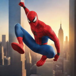 Generate a dynamic image of Spiderman, the iconic Marvel superhero, swinging daringly among the skyscrapers of New York City against a sunset backdrop