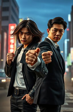A dramatic and intense scene featuring two charismatic Chinese actors, Wang Yibo and Xiao Zhan, portrayed as rivals