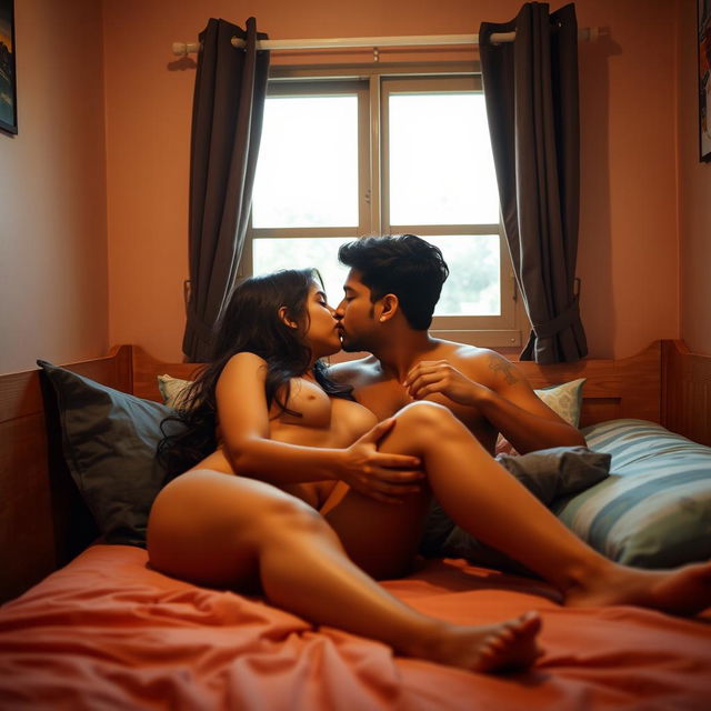 An intimate scene in a cozy hostel room featuring a cute 18-year-old Indian girl and a man, both fully nude