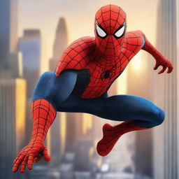Generate a dynamic image of Spiderman, the iconic Marvel superhero, swinging daringly among the skyscrapers of New York City against a sunset backdrop