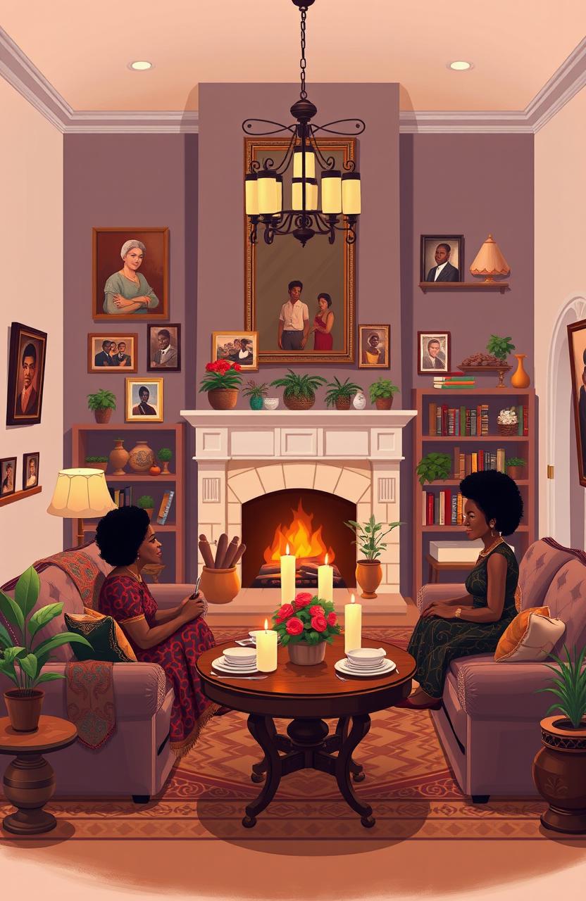 A compelling illustration of an elegant black family home interior, showcasing the warmth and traditions of African American culture