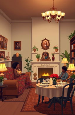 A compelling illustration of an elegant black family home interior, showcasing the warmth and traditions of African American culture