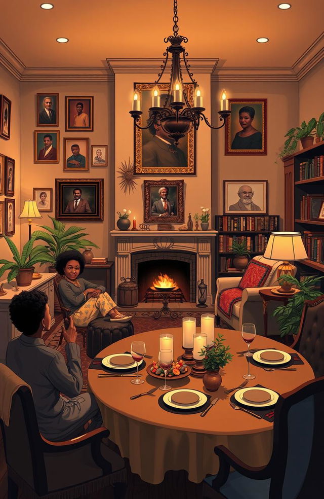 A compelling illustration of an elegant black family home interior, showcasing the warmth and traditions of African American culture