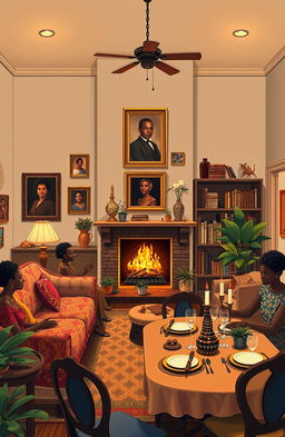 A compelling illustration of an elegant black family home interior, showcasing the warmth and traditions of African American culture