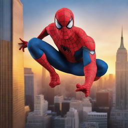 Generate a dynamic image of Spiderman, the iconic Marvel superhero, swinging daringly among the skyscrapers of New York City against a sunset backdrop