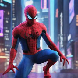 Generate an image of Spiderman in a futuristic cyberpunk setting, maneuvering effortlessly through neon-lit skyscrapers against a shimmering cityscape