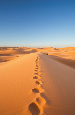 A vast desert landscape with soft, rolling dunes under a clear blue sky