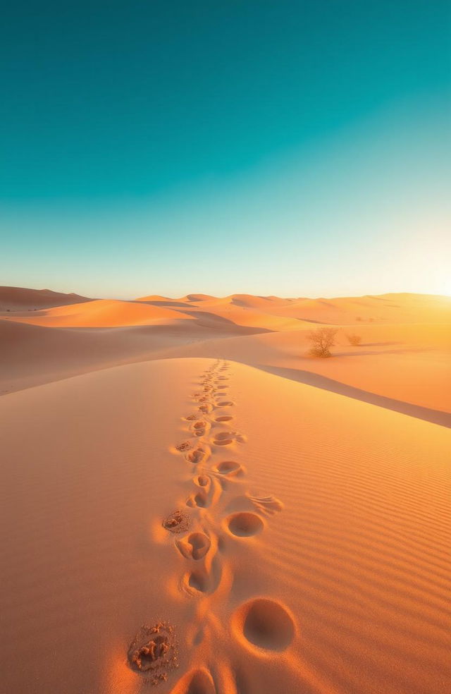 A vast desert landscape with soft, rolling dunes under a clear blue sky