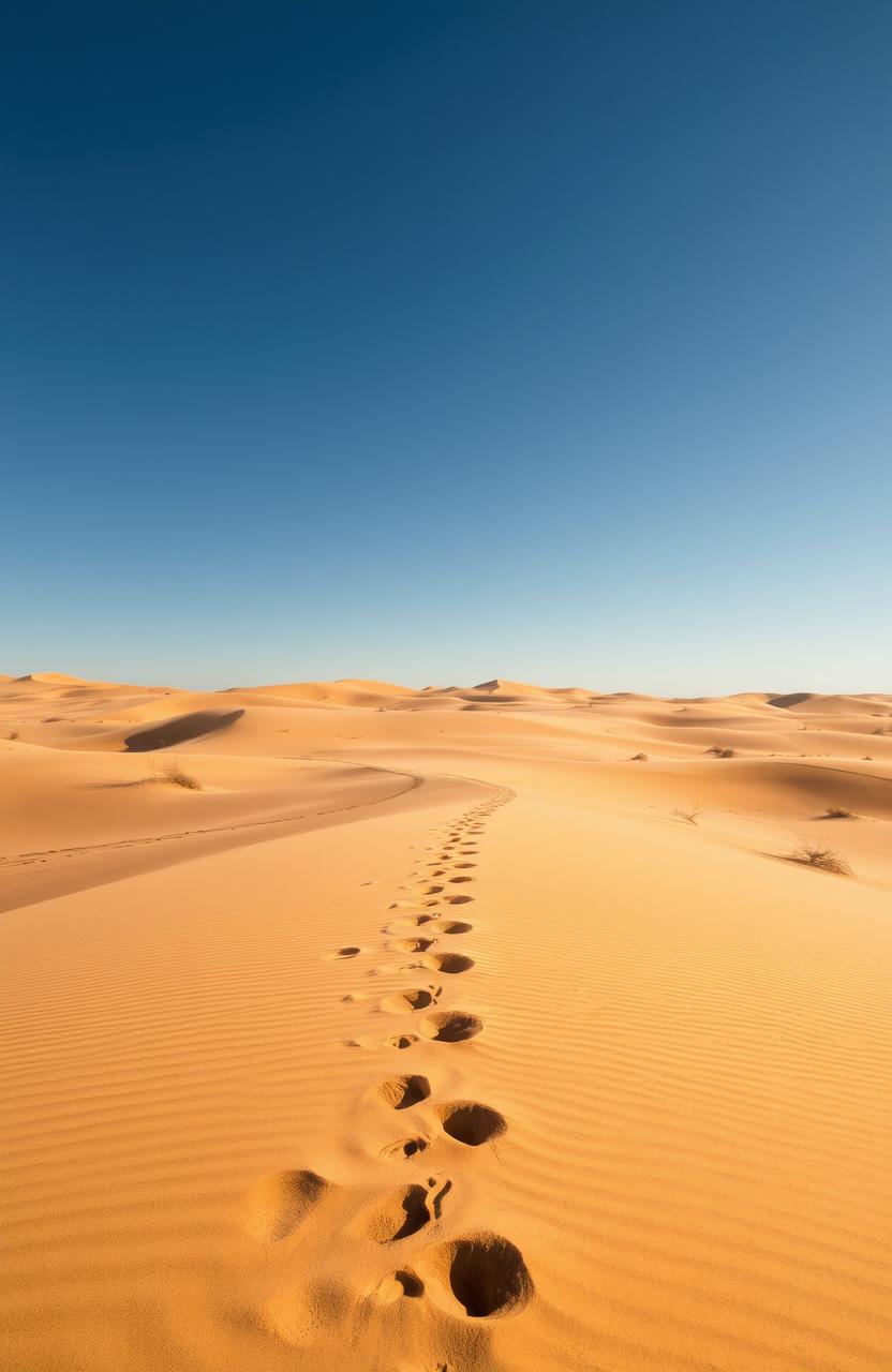 A vast desert landscape with soft, rolling dunes under a clear blue sky